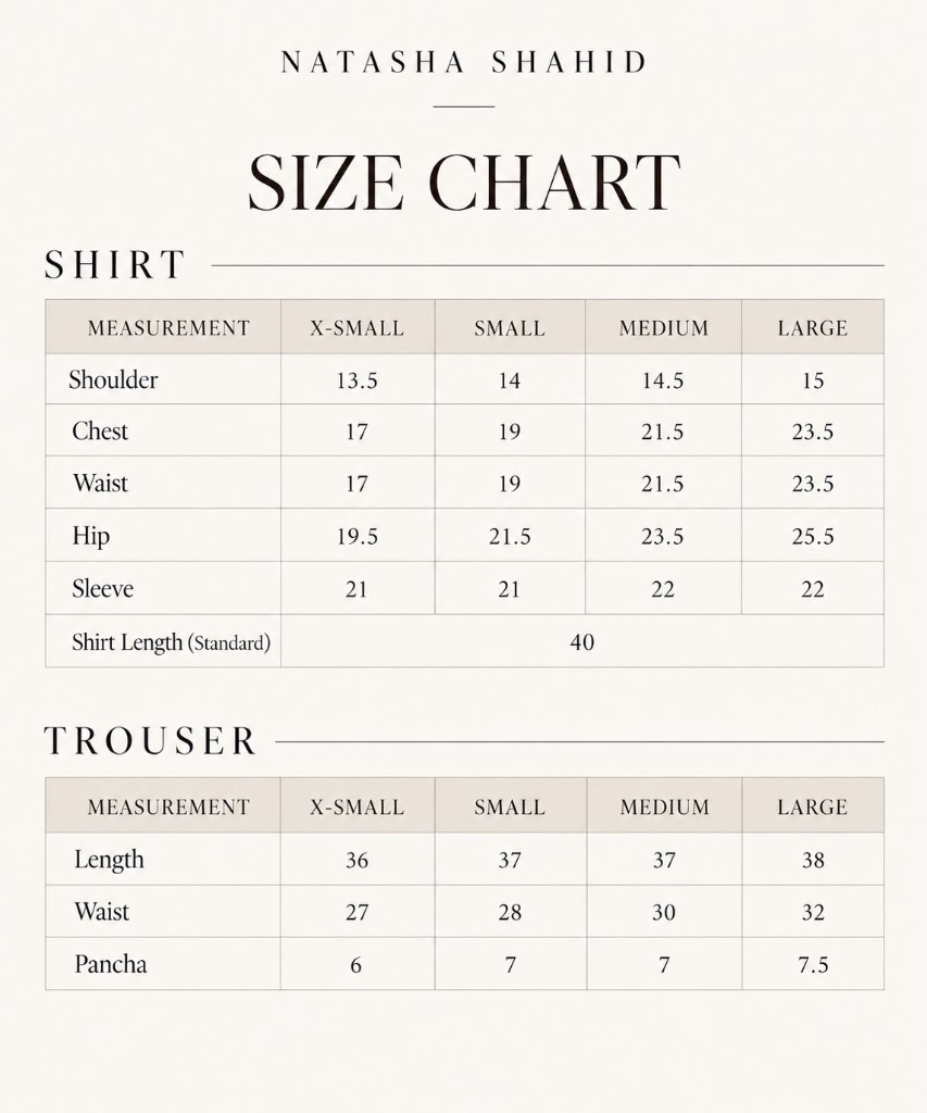 Natasha Shahid size chart — shirt and trouser measurements